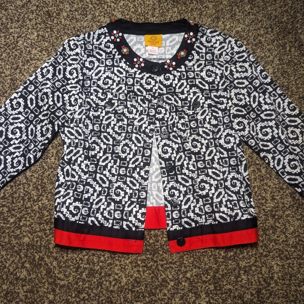 Ruby Rd Blazer Button Front Jacket Womens Size 6P Black White Red Beaded